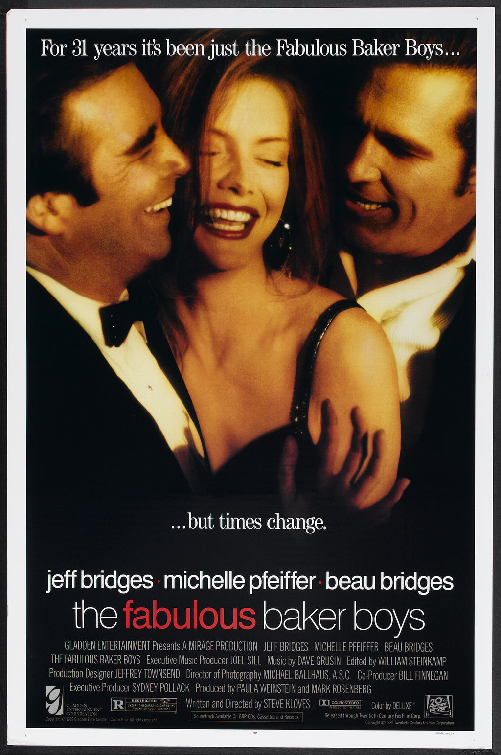 Affiche du film THE FABULOUS BAKER BOYS de Steve Kloves (1989). Drame romantique avec Jeff Bridges et Michelle Pfeiffer. Reproduction HQ – Poster Hub Studio.