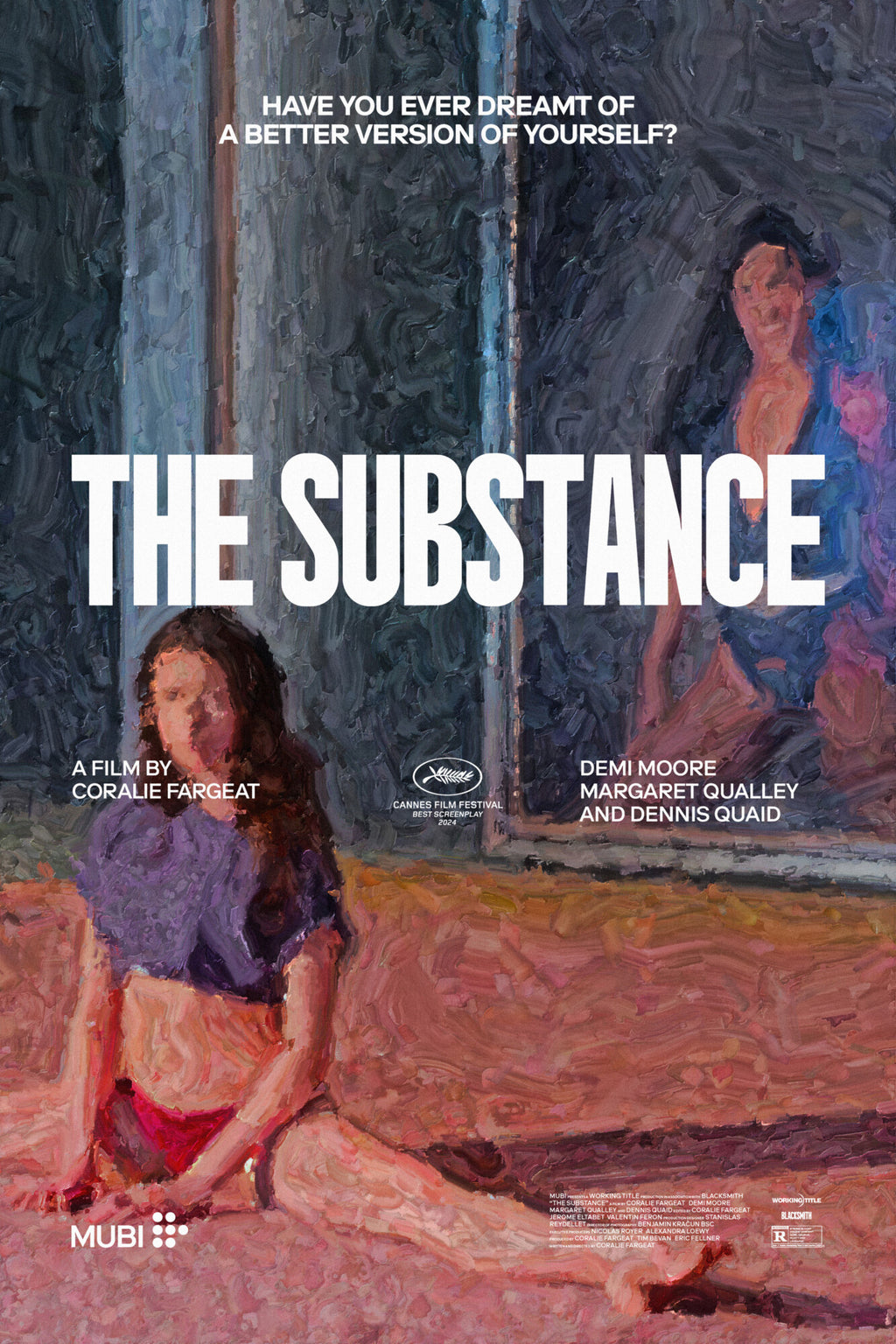 Affiche du film The Substance avec une scène peinte représentant une femme assise et son reflet dans un miroir, style artistique texturé, avec Demi Moore et Margaret Qualley.
