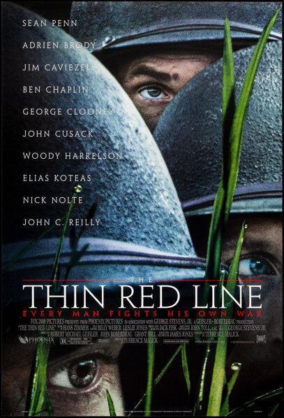 Affiche du film THE THIN RED LINE de Terrence Malick (1998). Film de guerre avec Sean Penn, Nick Nolte et George Clooney. Reproduction HQ – Poster Hub Studio.