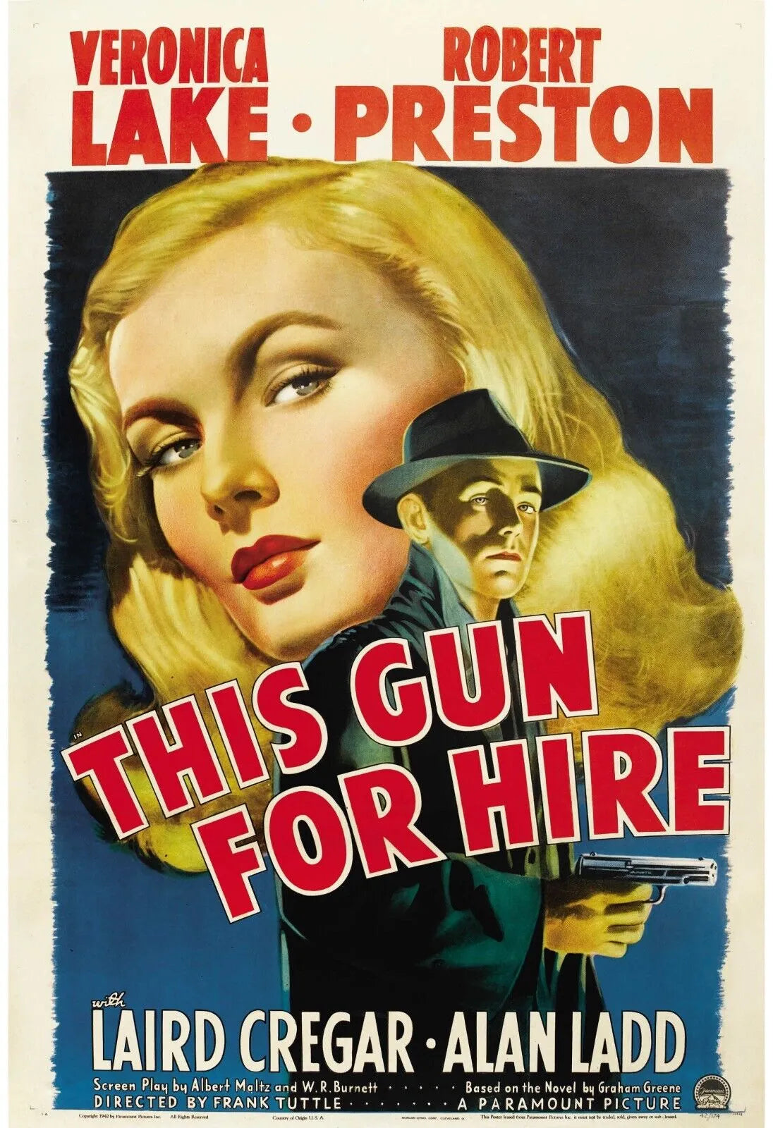 TUEUR À GAGES, THIS GUN FOR FIRE, ROBERT PRESTON, 1942, repro affiche de cinema, HQ