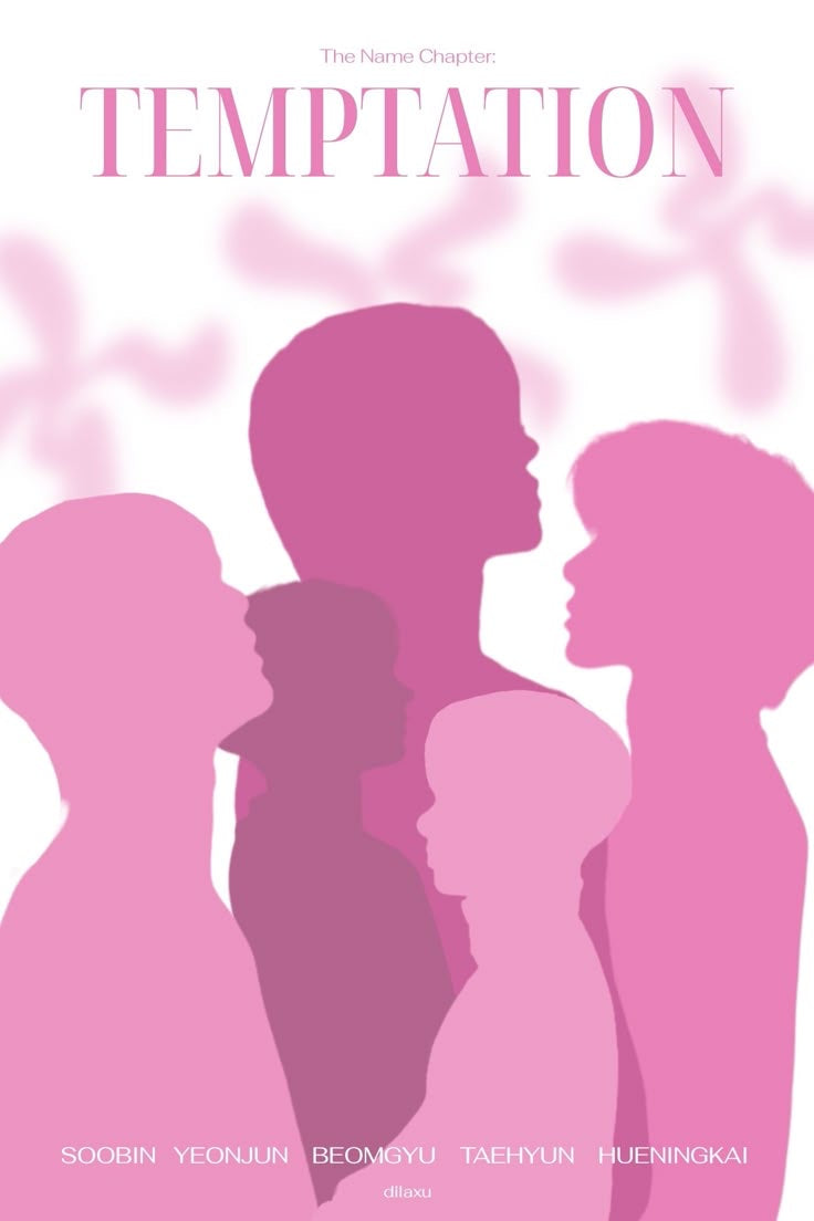 Affiche TXT Tomorrow X Together – The Name Chapter Temptation – illustration minimaliste silhouettes rose pastel K-Pop collector | Poster Hub Studio
