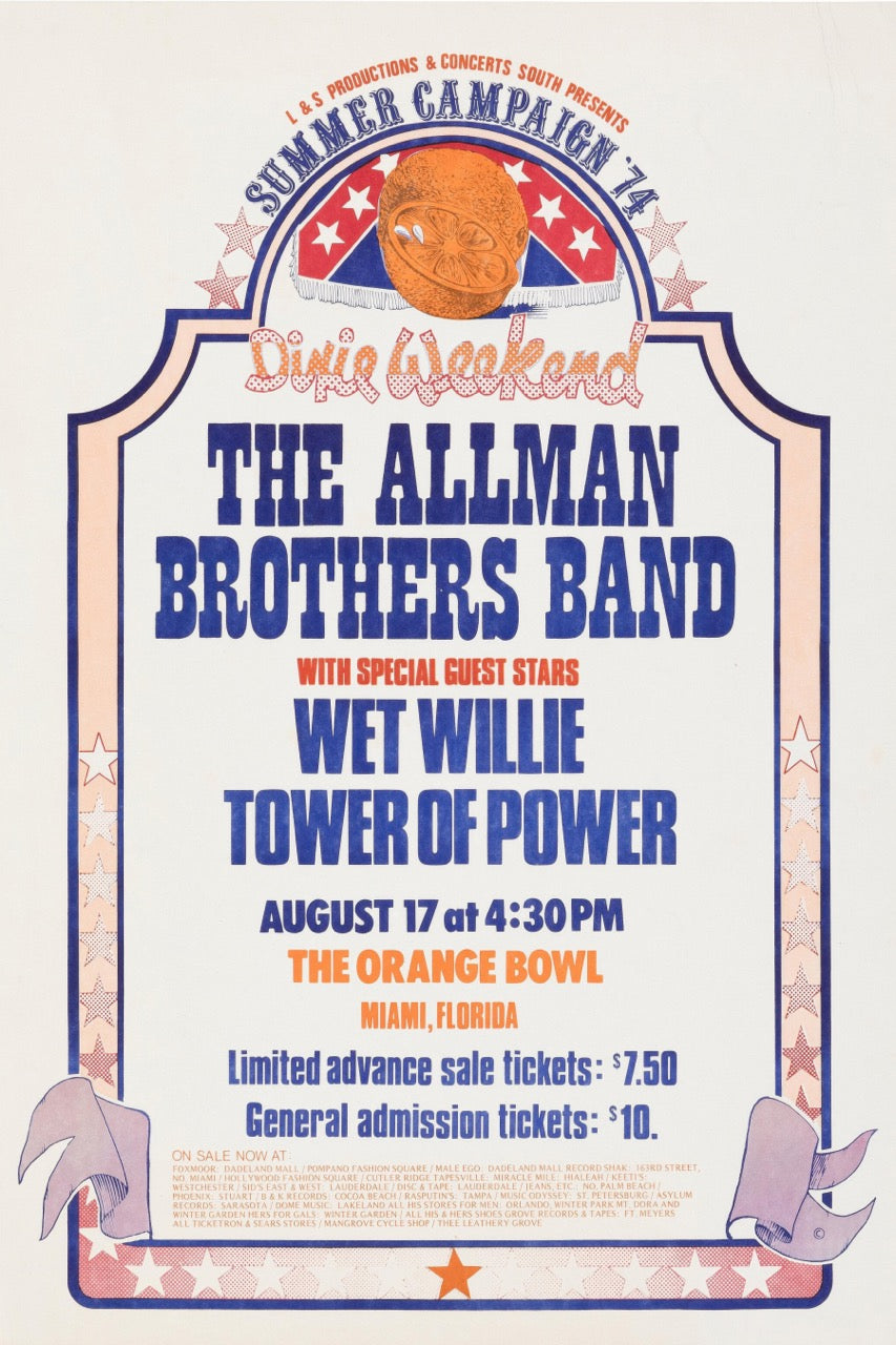 THE ALLMAN BROTHERS BAND – SUMMER CAMPAIGN 74 MIAMI CONCERT POSTER