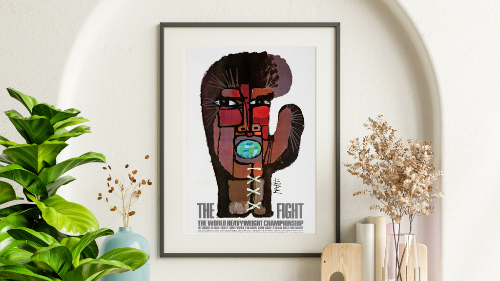 

Affiche vintage de boxe “The Fight” 1971. Championnat du monde poids lourds avec design artistique unique. Reproduction haute qualité.