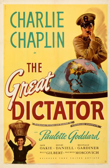 Affiche The Great Dictator (1940) de Charlie Chaplin. Chef-d’œuvre satirique et historique du cinéma. Reproduction HQ – Poster Hub.