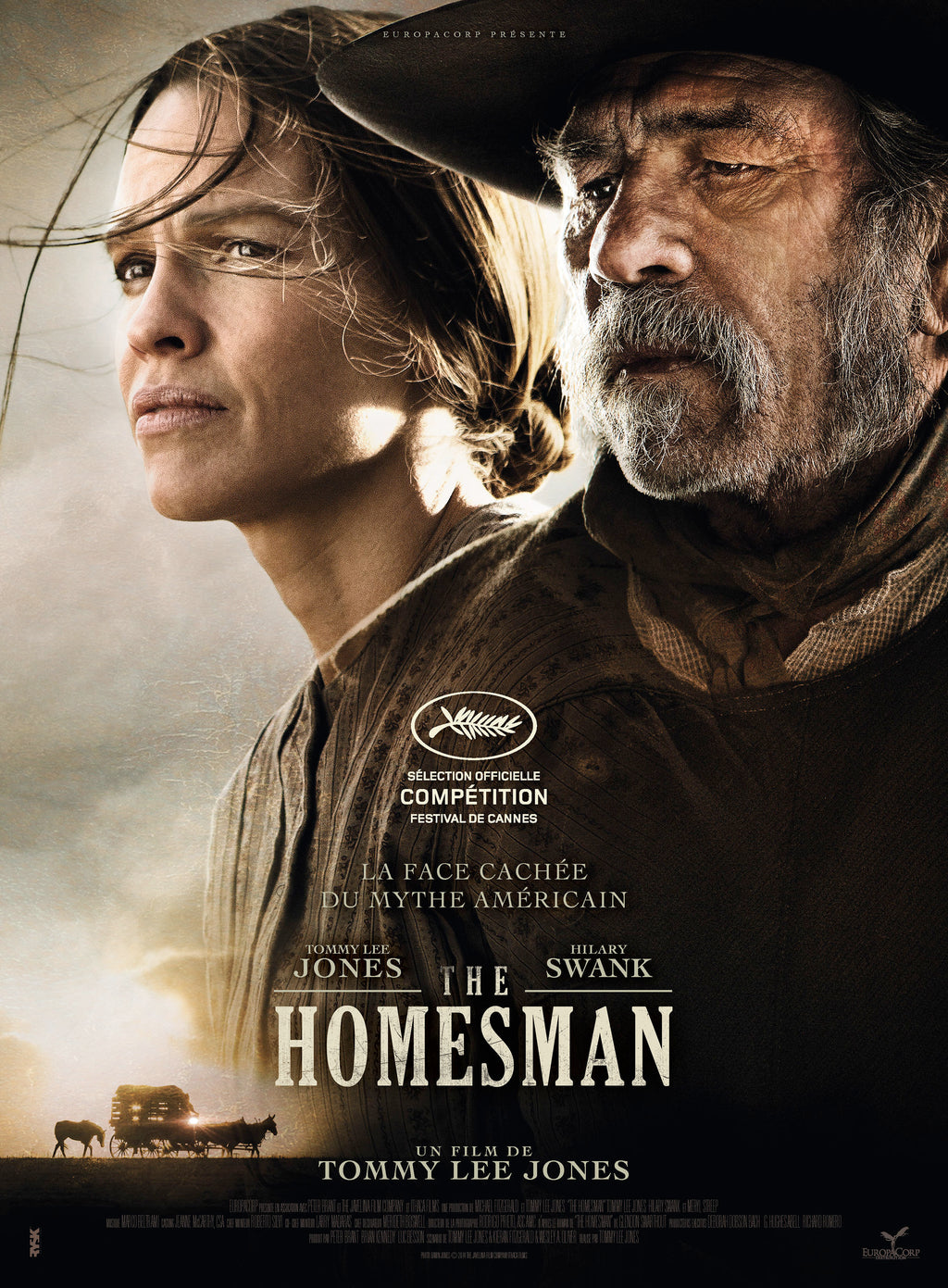 Affiche du film The Homesman de Tommy Lee Jones (2014). Western dramatique avec Hilary Swank et Tommy Lee Jones. Reproduction HQ – Poster Hub Studio.