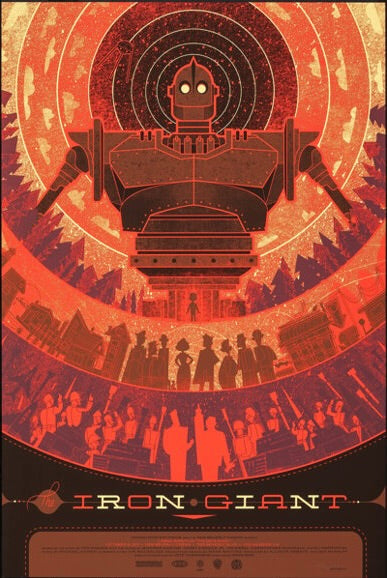 Affiche du film The Iron Giant (1999) de Brad Bird. Film d’animation culte de science-fiction. Reproduction HQ – Poster Hub Studio.