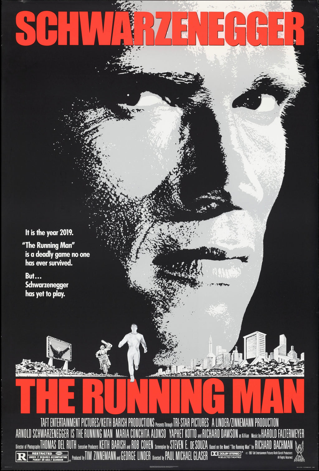 Affiche culte The Running Man (1987) avec Arnold Schwarzenegger. Film science-fiction dystopique iconique. Reproduction HQ – Poster Hub.