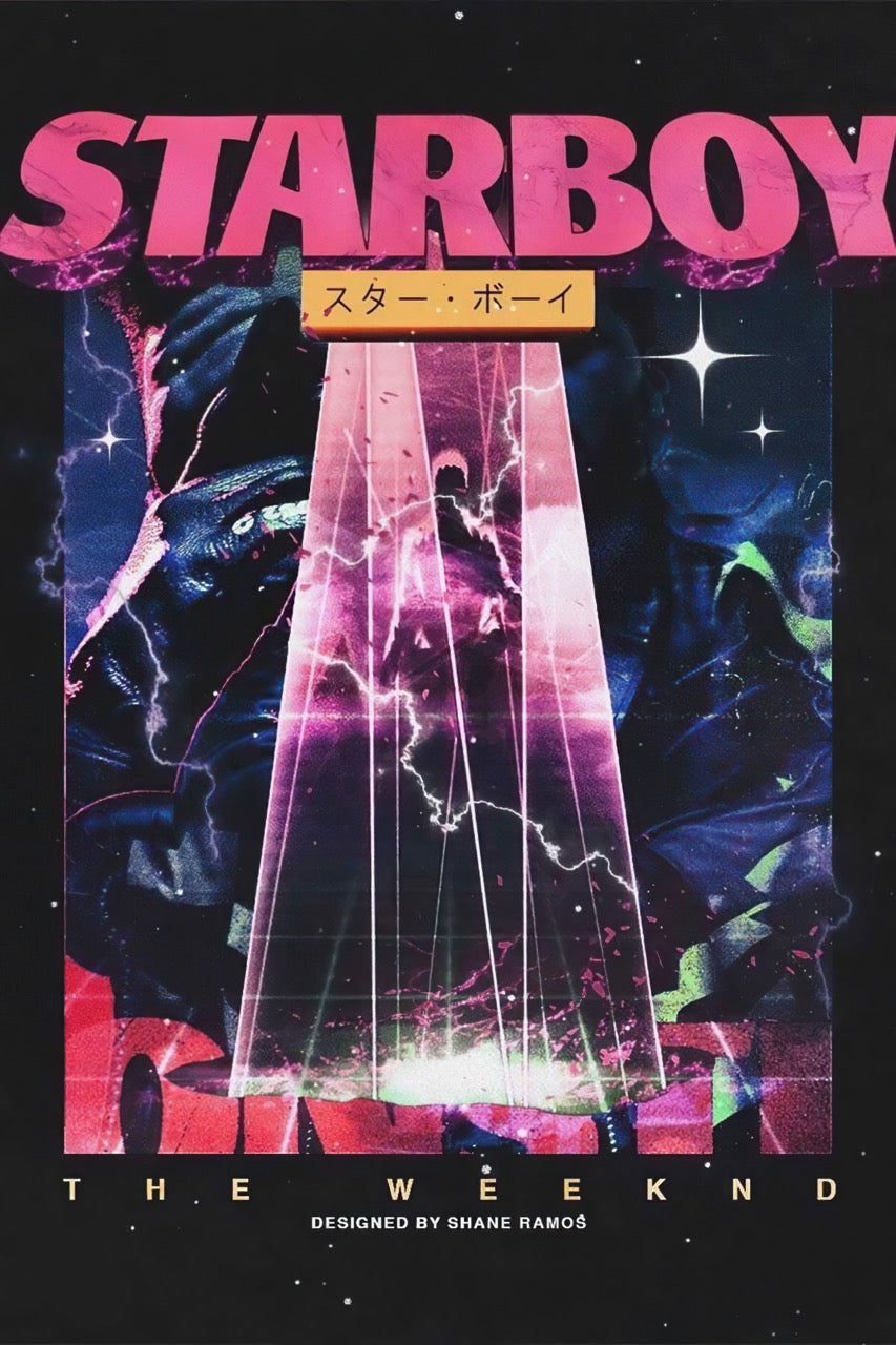 The Weeknd “Starboy” Japanese-style music poster featuring a bold portrait design, Japanese typography, and a retro graphic aesthetic.
