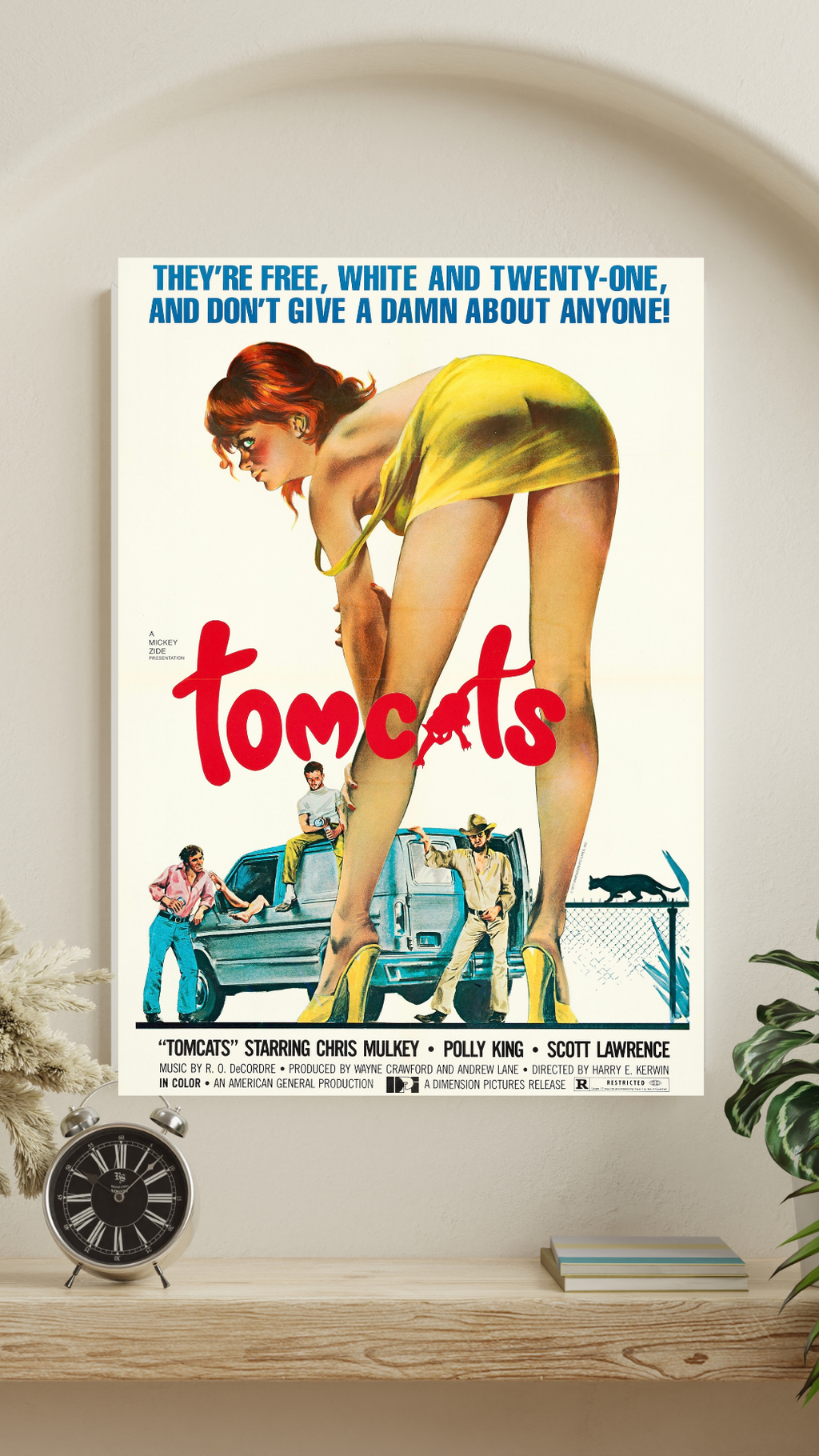 Affiche du film Tomcats (1976). Comédie vintage américaine au style pin-up iconique. Reproduction HQ – Poster Hub Studio.