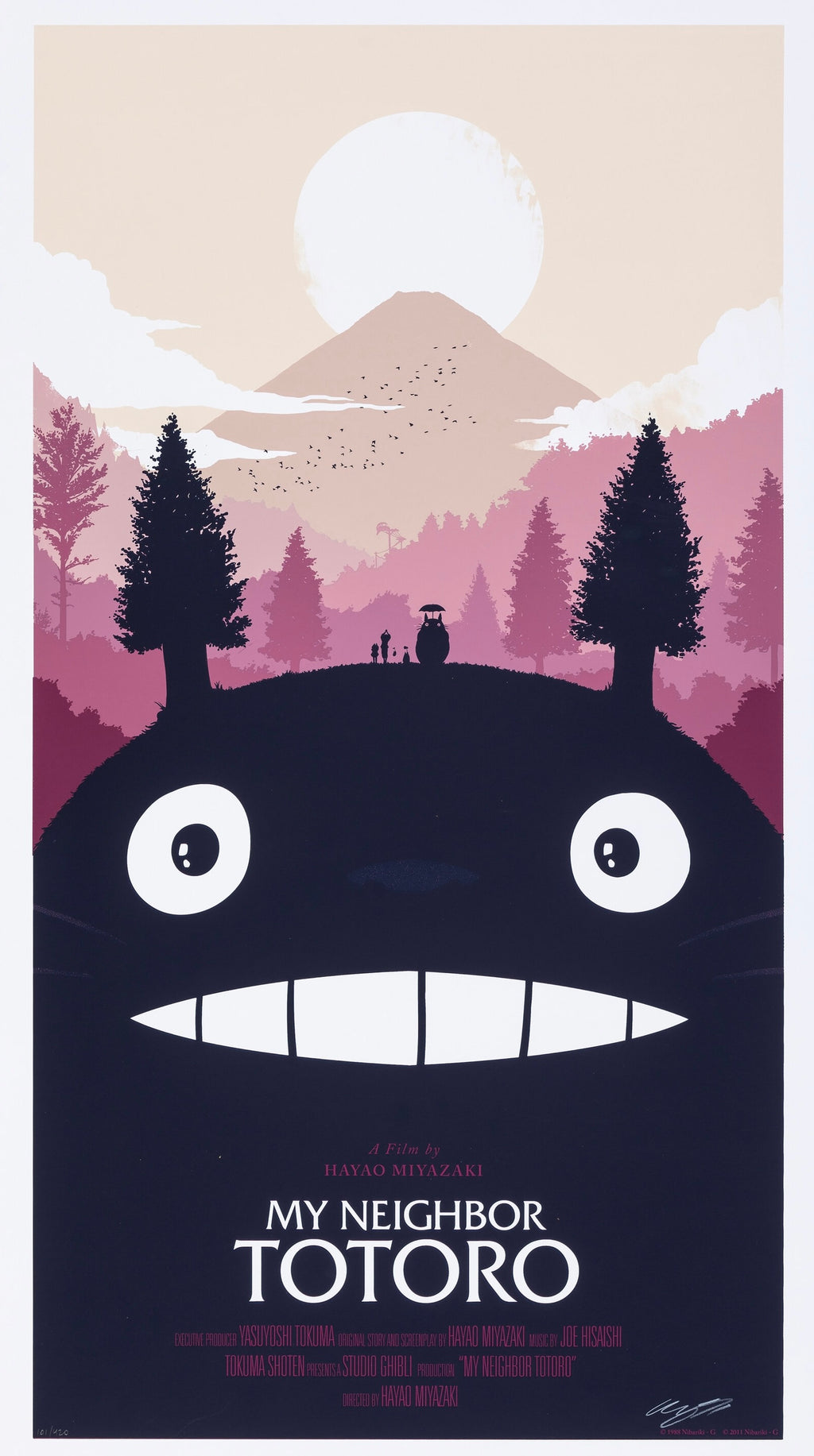 Affiche minimaliste My Neighbor Totoro (1988) de Miyazaki. Univers poétique Studio Ghibli. Reproduction HQ – Poster Hub Studio.