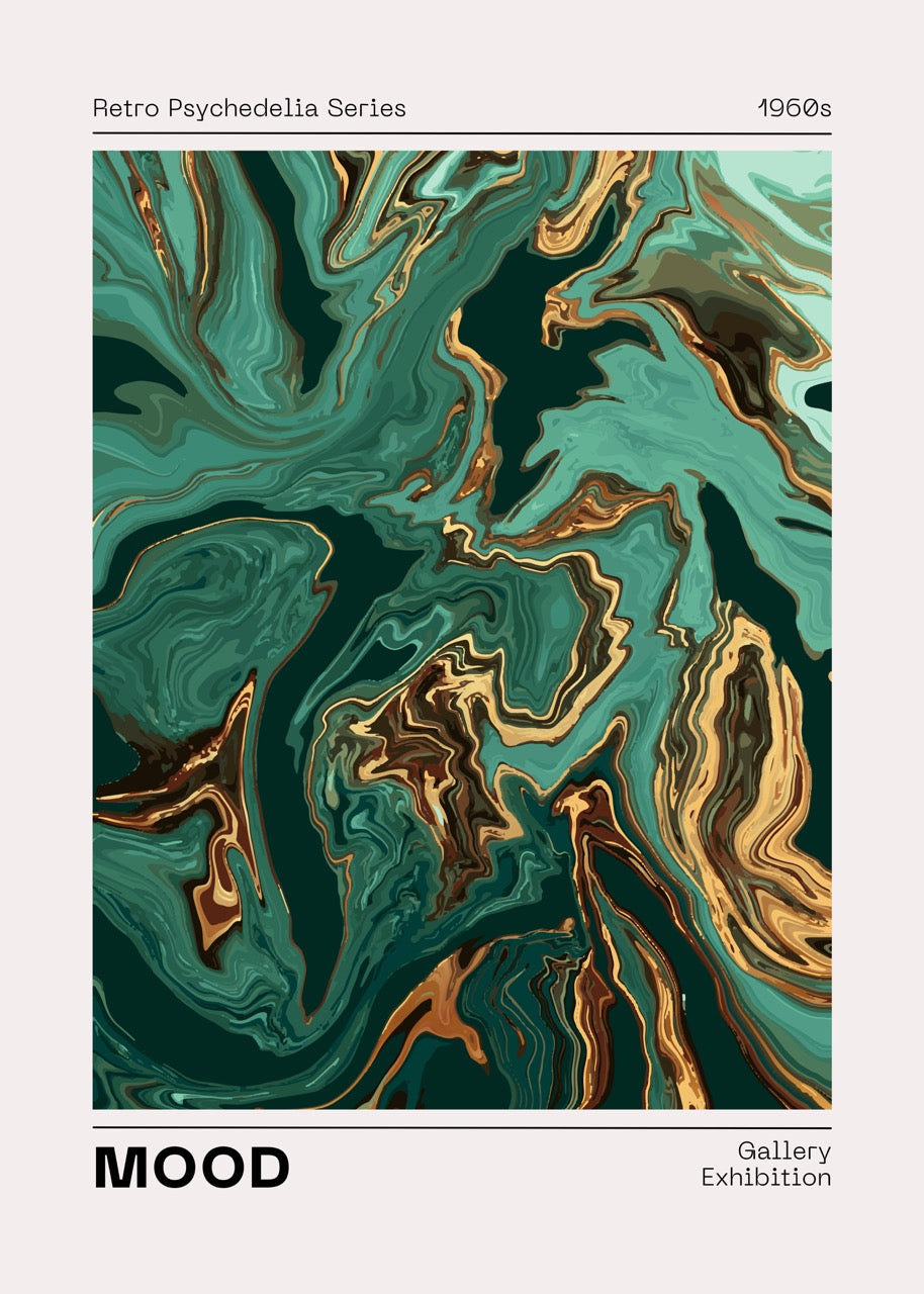 MOOD RETRO PSYCHEDELIA 1960s – ART ABSTRAIT MARBRÉ VERT ET OR
