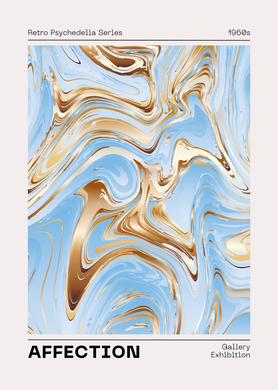 RETRO PSYCHEDELIA 1960s – ART ABSTRAIT MARBRÉ BLEU ET OR