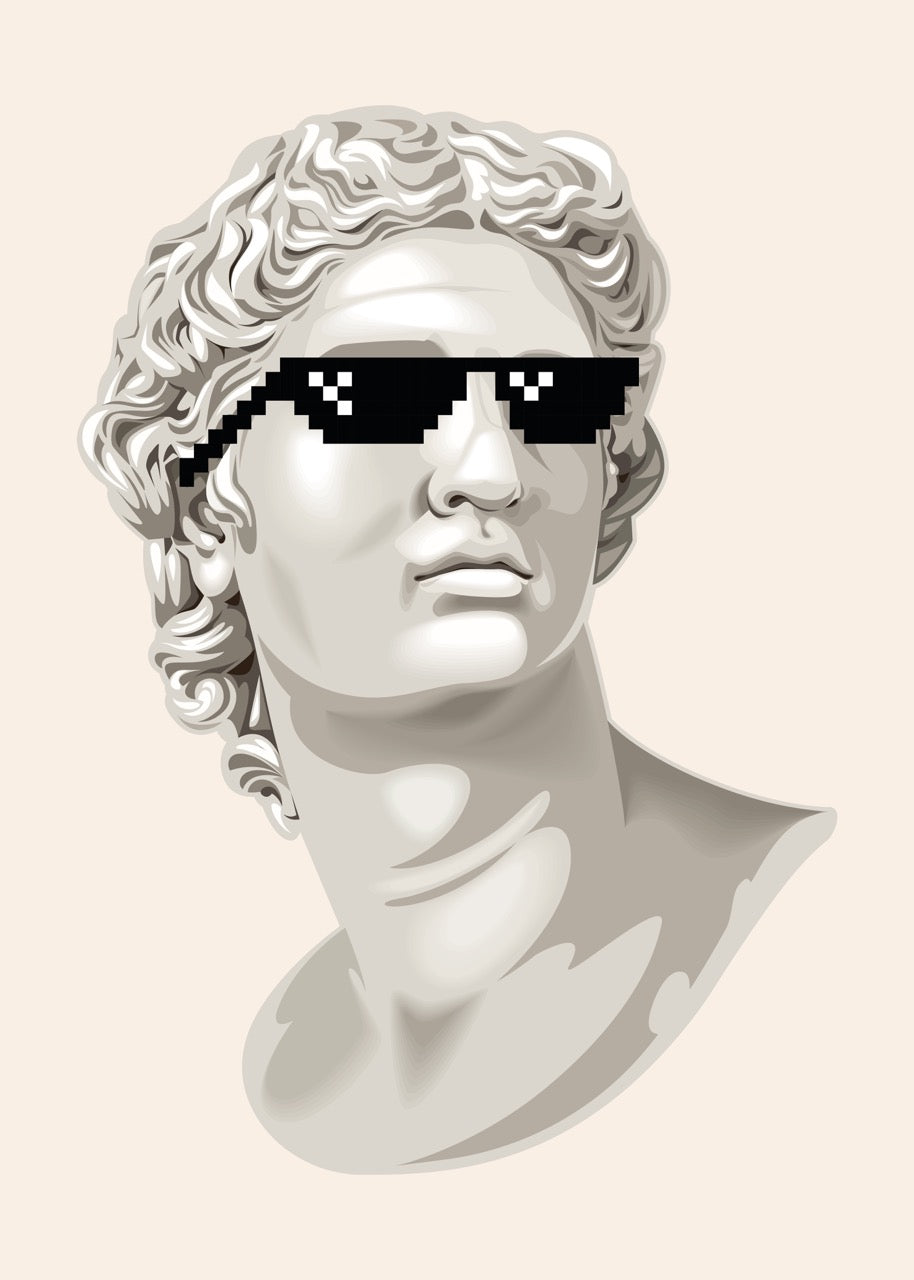 BUSTE ANTIQUE AVEC LUNETTES PIXEL – ART POP MODERNE DÉCALÉ