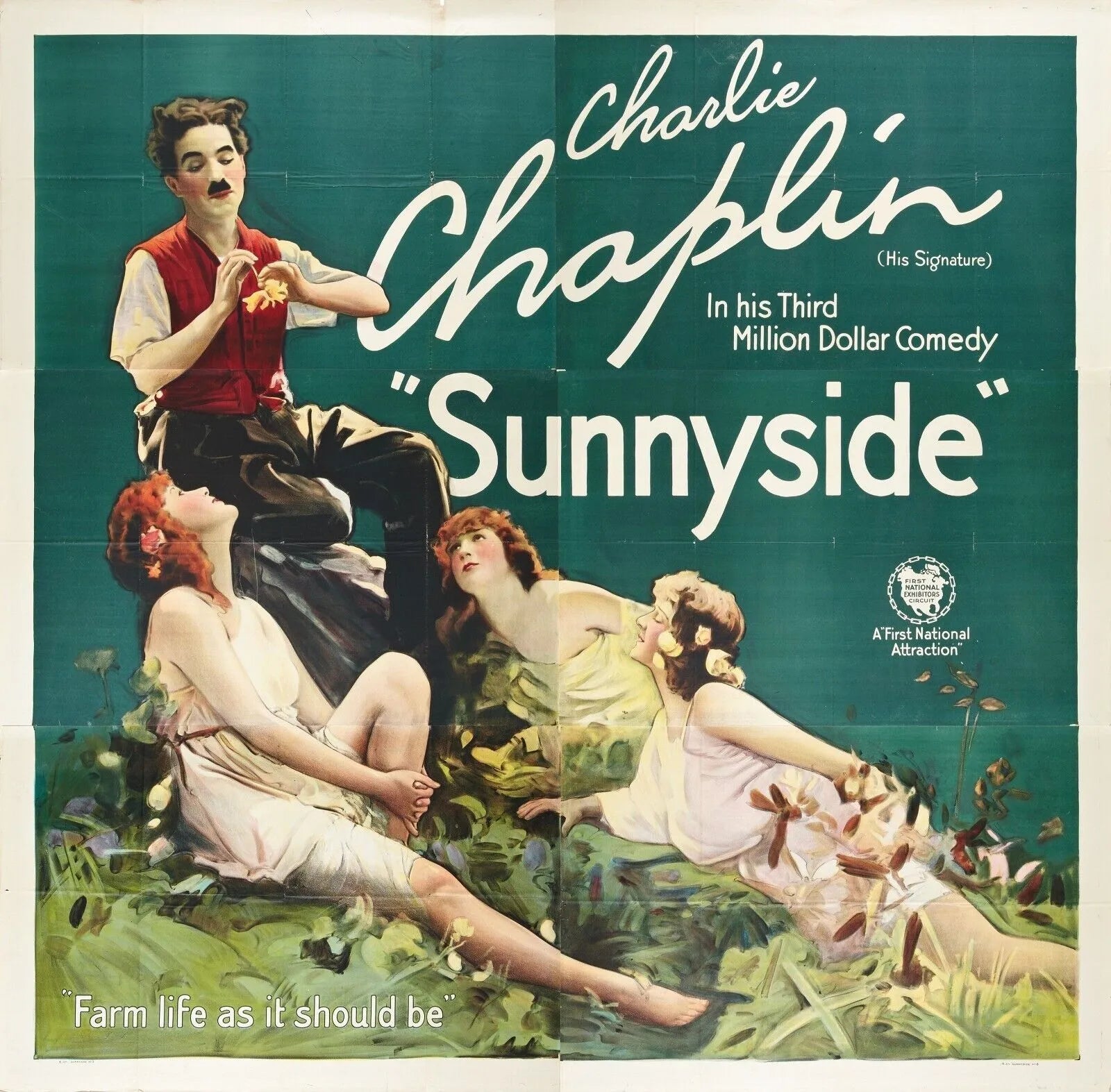 A FIELD IDYLL, SUNNYSIDE, CHARLIE CHAPLIN, 1919, Reproduction movie poster, HQ
