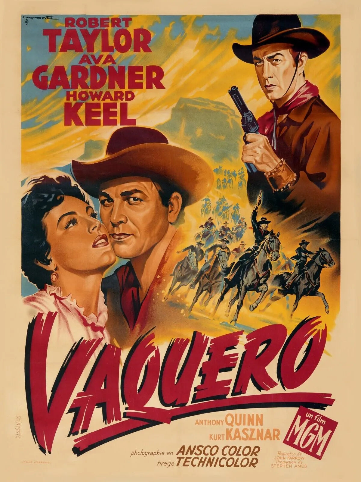 VAQUERO, ROBERT TAYLOR, AVA GARDNER, 1953, REPRO AFFICHE DE CINEMA VINTAGE, HQ