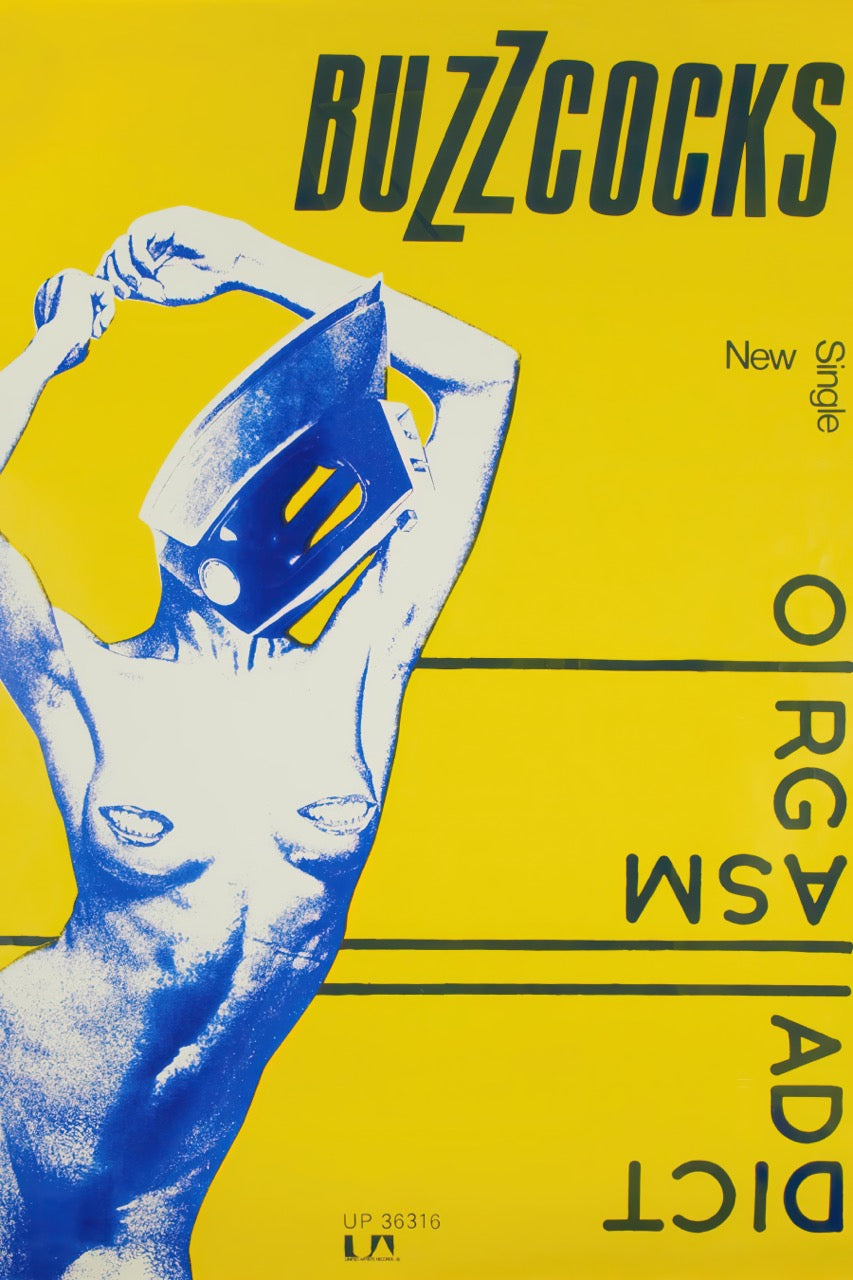 poster buzzcocks orgasm addict affiche punk rock vintage jaune et bleu decoration murale musique alternative