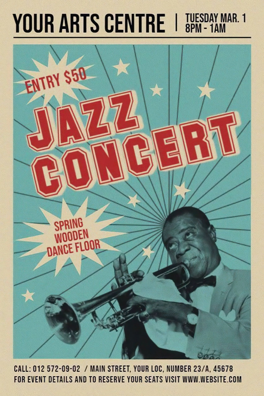 JAZZ CONCERT VINTAGE – POSTER RÉTRO JAZZ CLUB BLEU & ROUGE