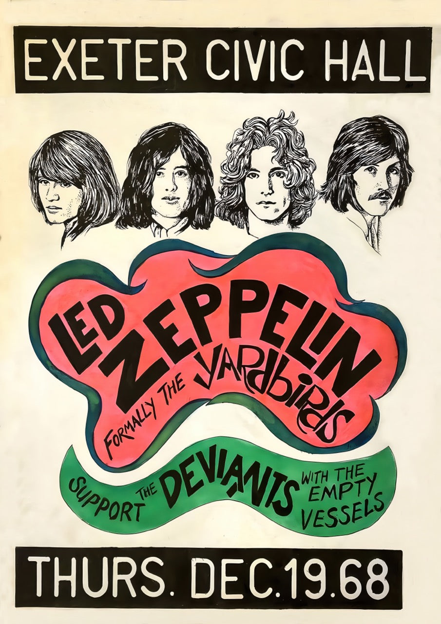 poster led zeppelin 1968 affiche concert vintage rock exeter civic hall decoration murale musique retro