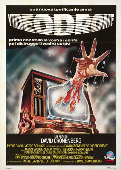 Affiche du film Videodrome (1983) de David Cronenberg avec James Woods. Film culte de science-fiction horrifique. Reproduction HQ – Poster Hub Studio.