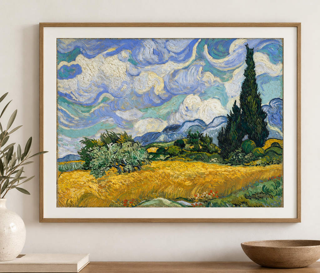 REPRODUCCIÓN DE CARTEL DE ARTE VINTAGE DE CAMPO DE TRIGO Y CIPRESES HQ