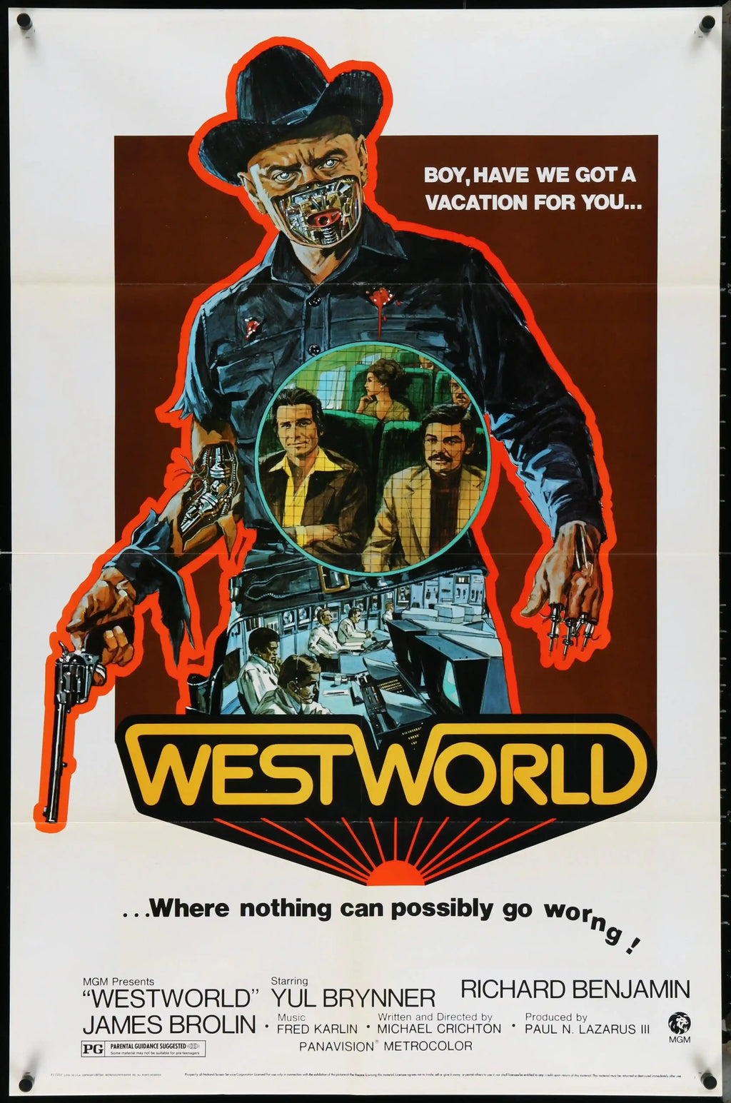 Affiche vintage du film Westworld montrant un cowboy robot avec des éléments mécaniques visibles et une scène futuriste intégrée, style rétro années 70.