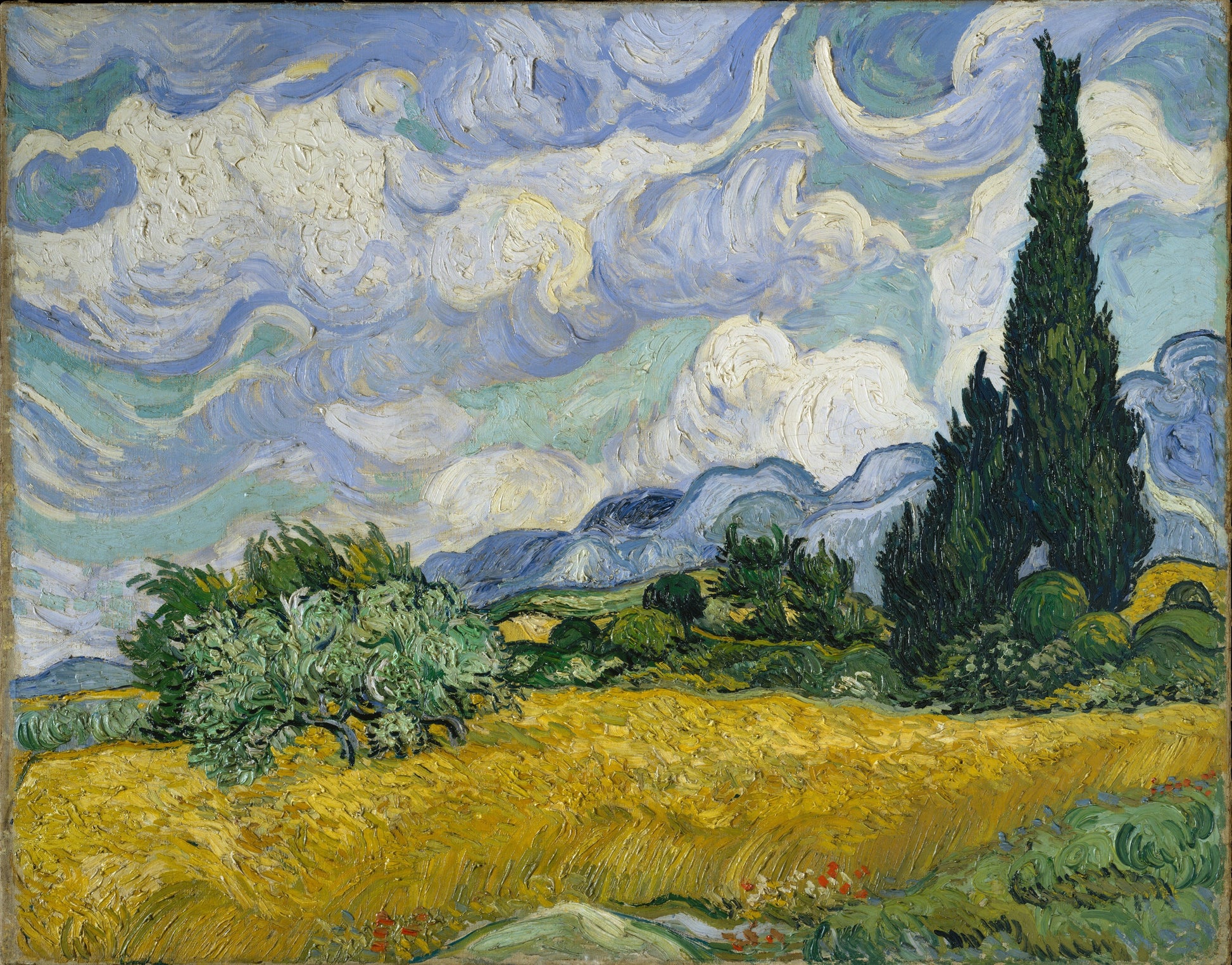 REPRODUCCIÓN DE CARTEL DE ARTE VINTAGE DE CAMPO DE TRIGO Y CIPRESES HQ