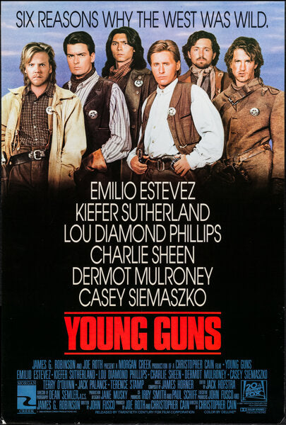 Affiche du film Young Guns (1988) avec Emilio Estevez et Kiefer Sutherland. Western culte sur Billy the Kid. Reproduction HQ – Poster Hub Studio.