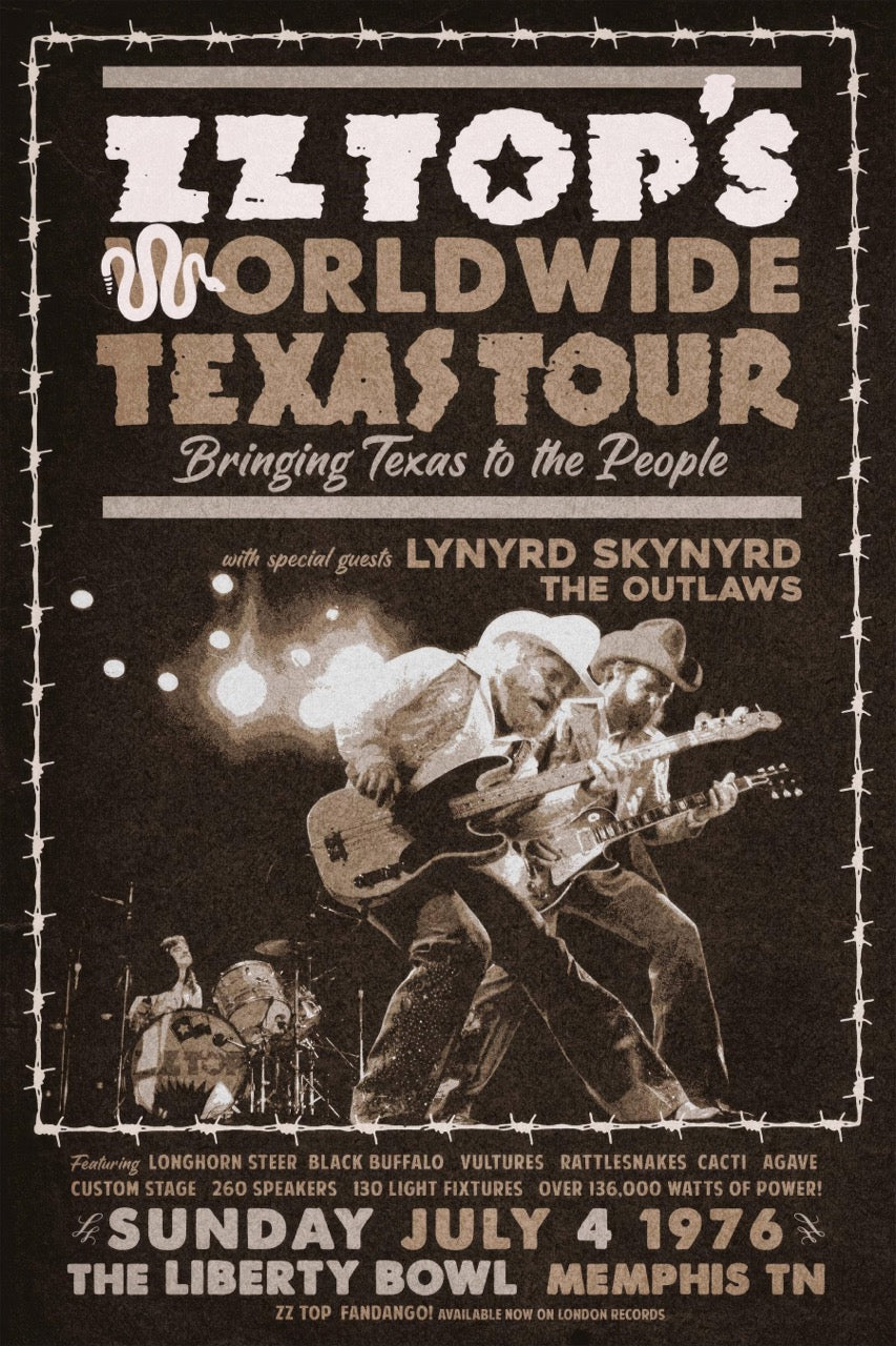 ZZ TOP WORLDWIDE TEXAS TOUR 1976 – PÓSTER CONCIERTO ROCK VINTAGE