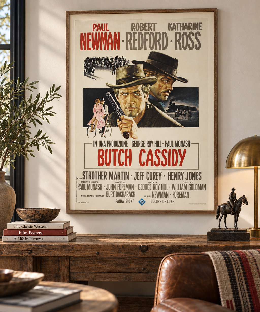 Affiche du film BUTCH CASSIDY AND THE SUNDANCE KID de George Roy Hill (1969). Western culte avec Paul Newman et Robert Redford. Reproduction HQ – Poster Hub Studio.