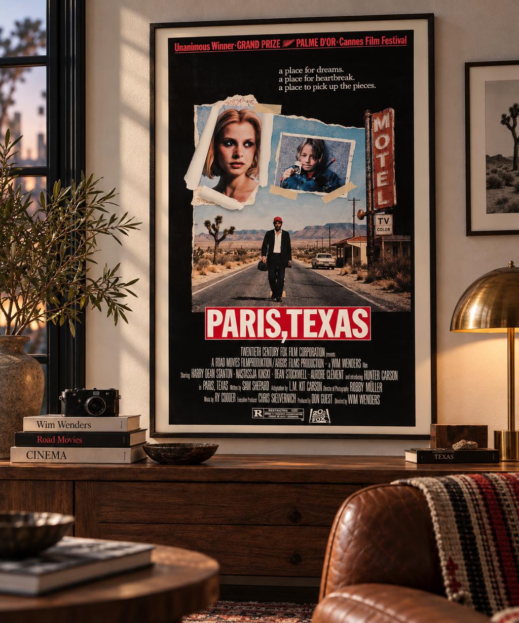 Affiche du film PARIS, TEXAS de Wim Wenders (1984), Palme d'Or à Cannes. Drame avec Harry Dean Stanton et Nastassja Kinski. Reproduction HQ – Poster Hub Studio.