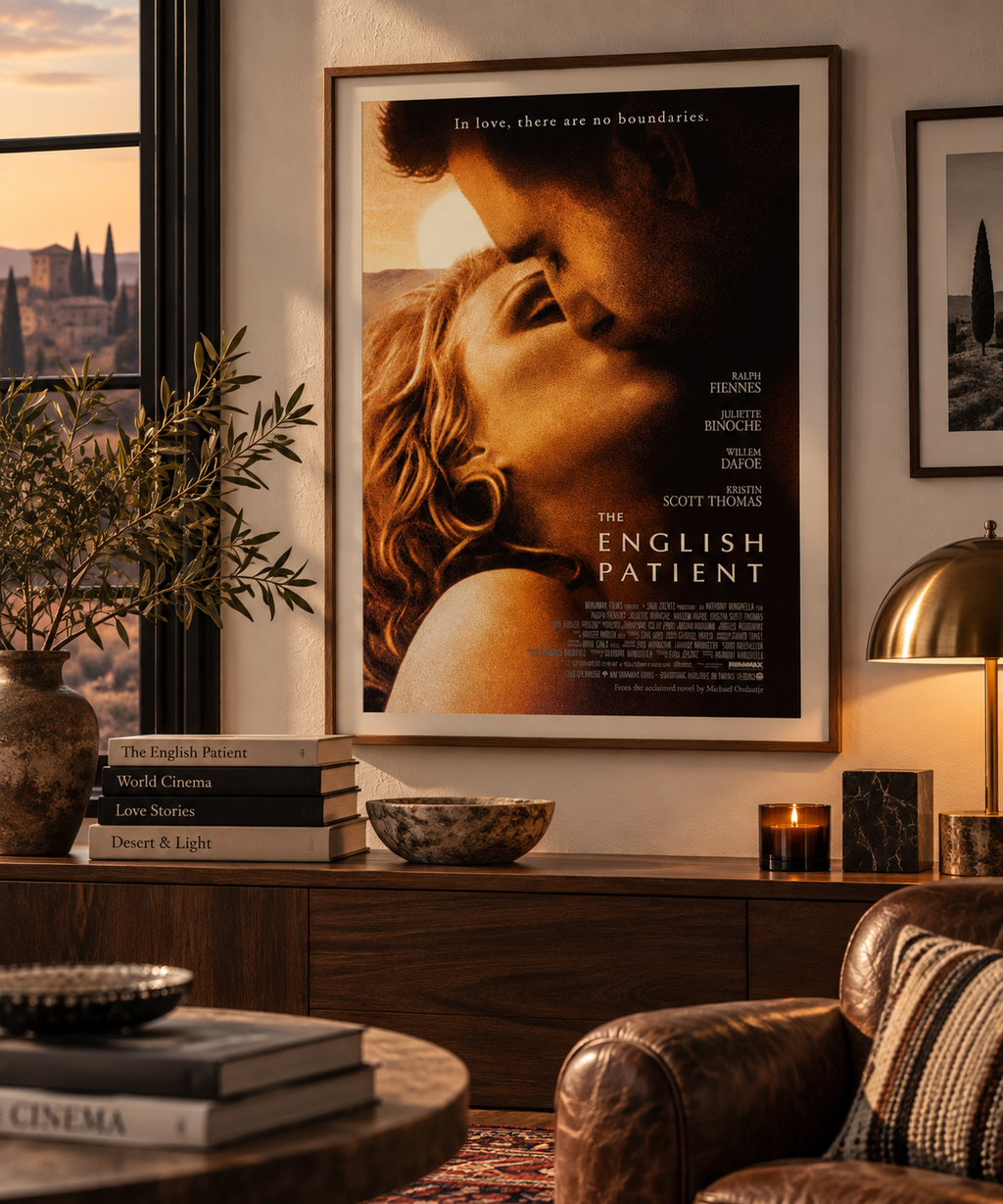 Affiche du film THE ENGLISH PATIENT d'Anthony Minghella (1996). Drame romantique avec Ralph Fiennes et Juliette Binoche. Reproduction HQ – Poster Hub Studio.