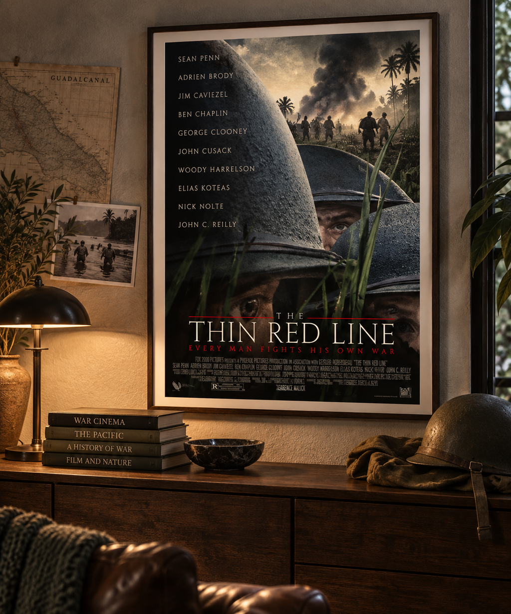 Affiche du film THE THIN RED LINE de Terrence Malick (1998). Film de guerre avec Sean Penn, Nick Nolte et George Clooney. Reproduction HQ – Poster Hub Studio.