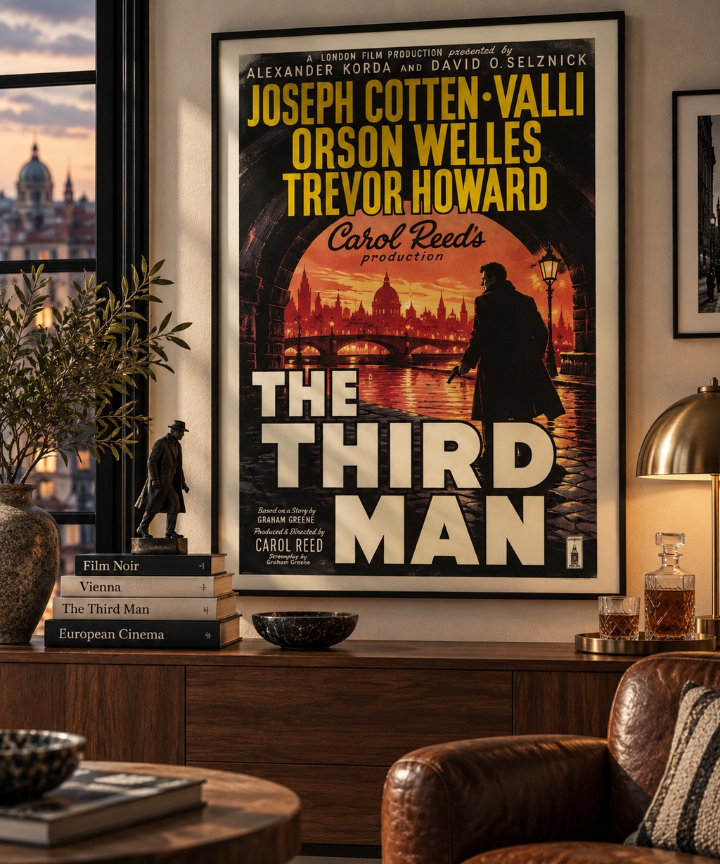 Affiche du film THE THIRD MAN de Carol Reed (1949). Film noir culte avec Joseph Cotten et Orson Welles, d'après Graham Greene. Reproduction HQ – Poster Hub Studio.