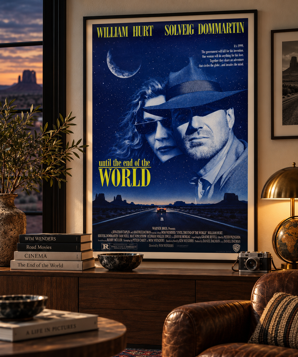 Affiche du film UNTIL THE END OF THE WORLD de Wim Wenders (1991). Science-fiction avec William Hurt et Solveig Dommartin. Reproduction HQ – Poster Hub Studio.