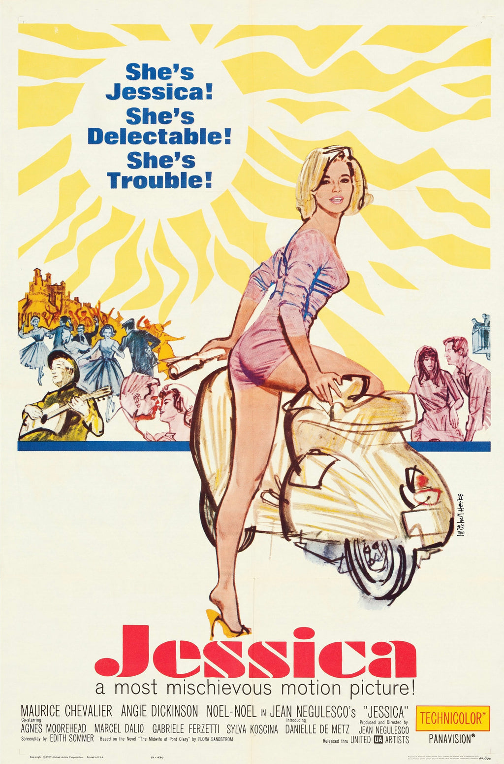 Affiche du film Jessica 1962 avec Angie Dickinson sur un scooter dans un style vintage coloré reproduction poster cinéma années 60