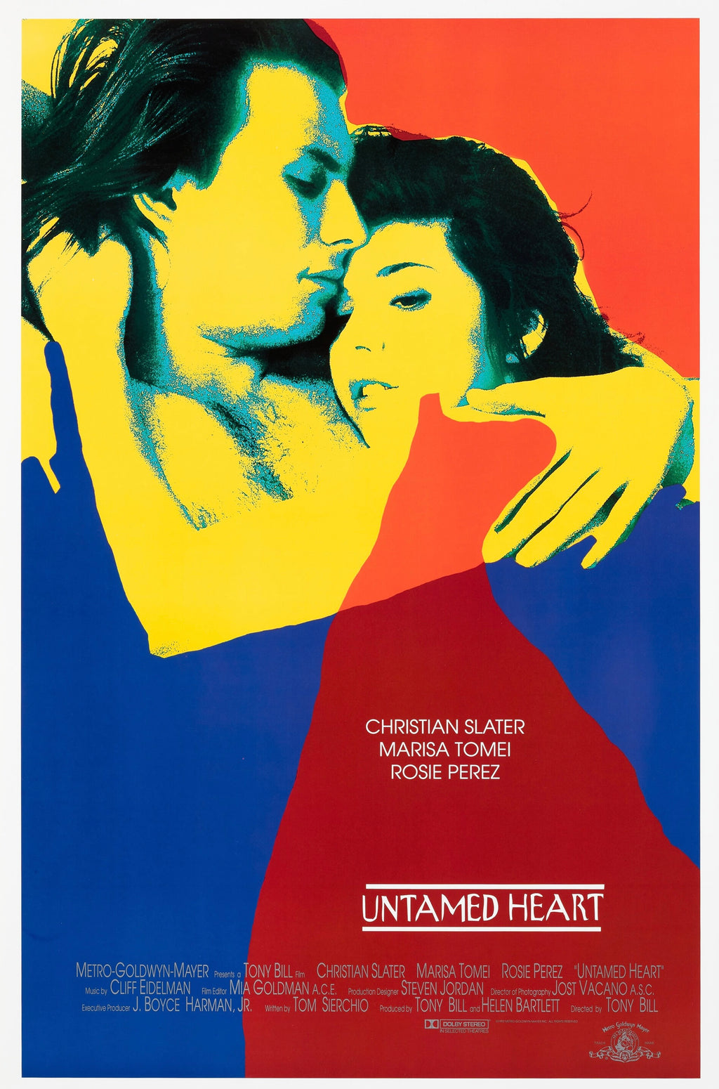 Affiche du film Untamed Heart 1993 avec Christian Slater et Marisa Tomei dans un style graphique coloré reproduction poster cinéma romantique années 90