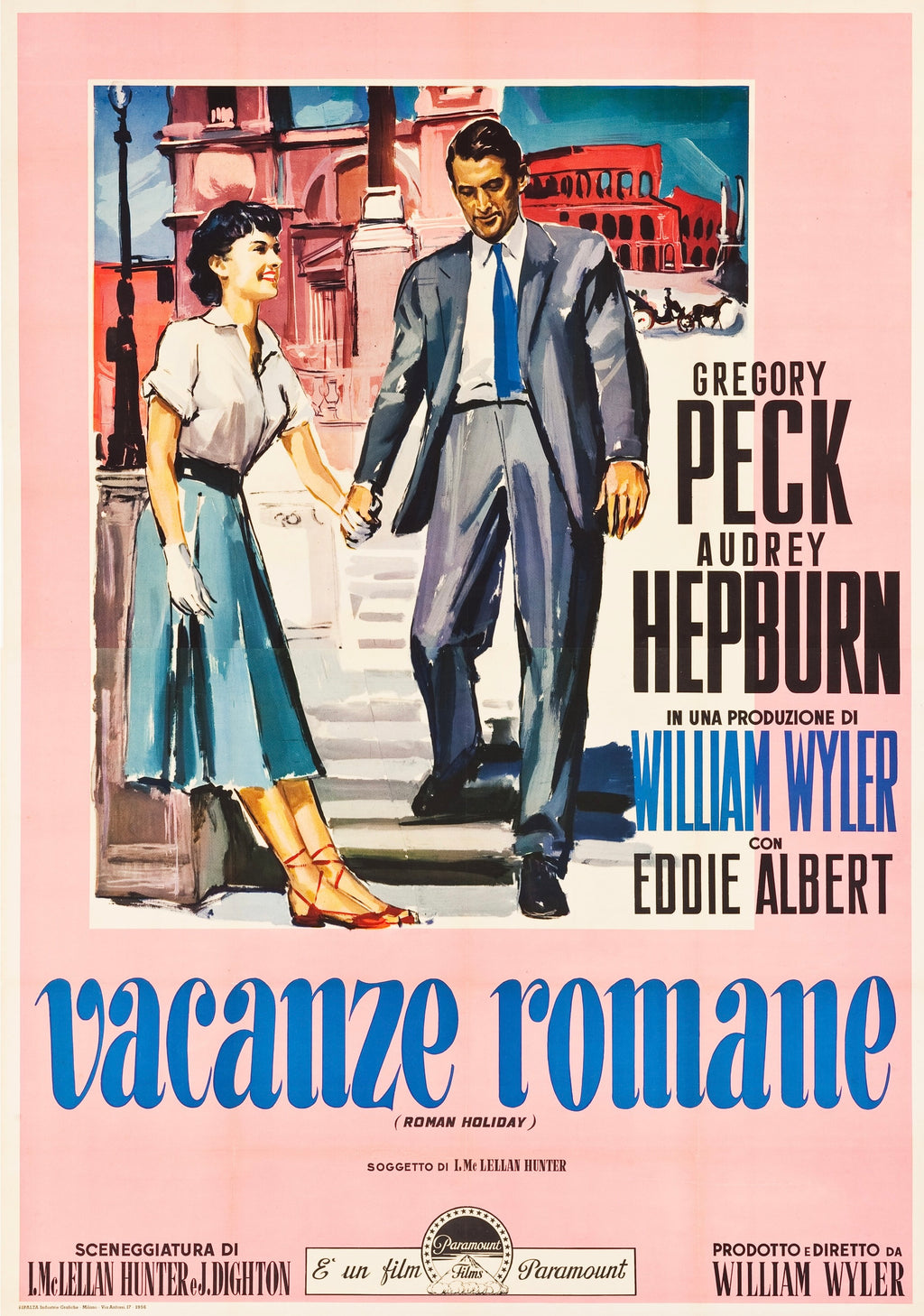 Affiche du film Vacances Romaines 1953 avec Audrey Hepburn et Gregory Peck dans une scène romantique à Rome reproduction poster cinéma classique vintage