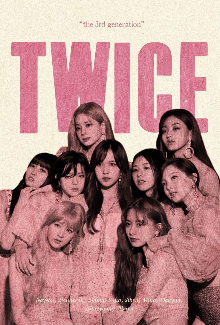 TWICE poster featuring all members grouped together in a vintage-style pink-toned design, with soft lighting and a classic editorial aesthetic.
