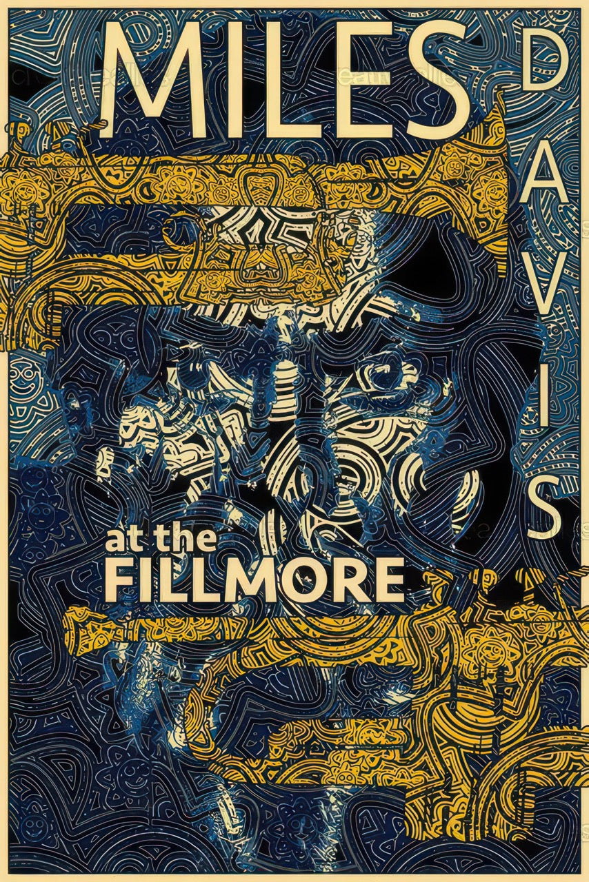 Affiche Miles Davis At the Fillmore avec motifs abstraits bleu et or style psychédélique jazz fusion vintage