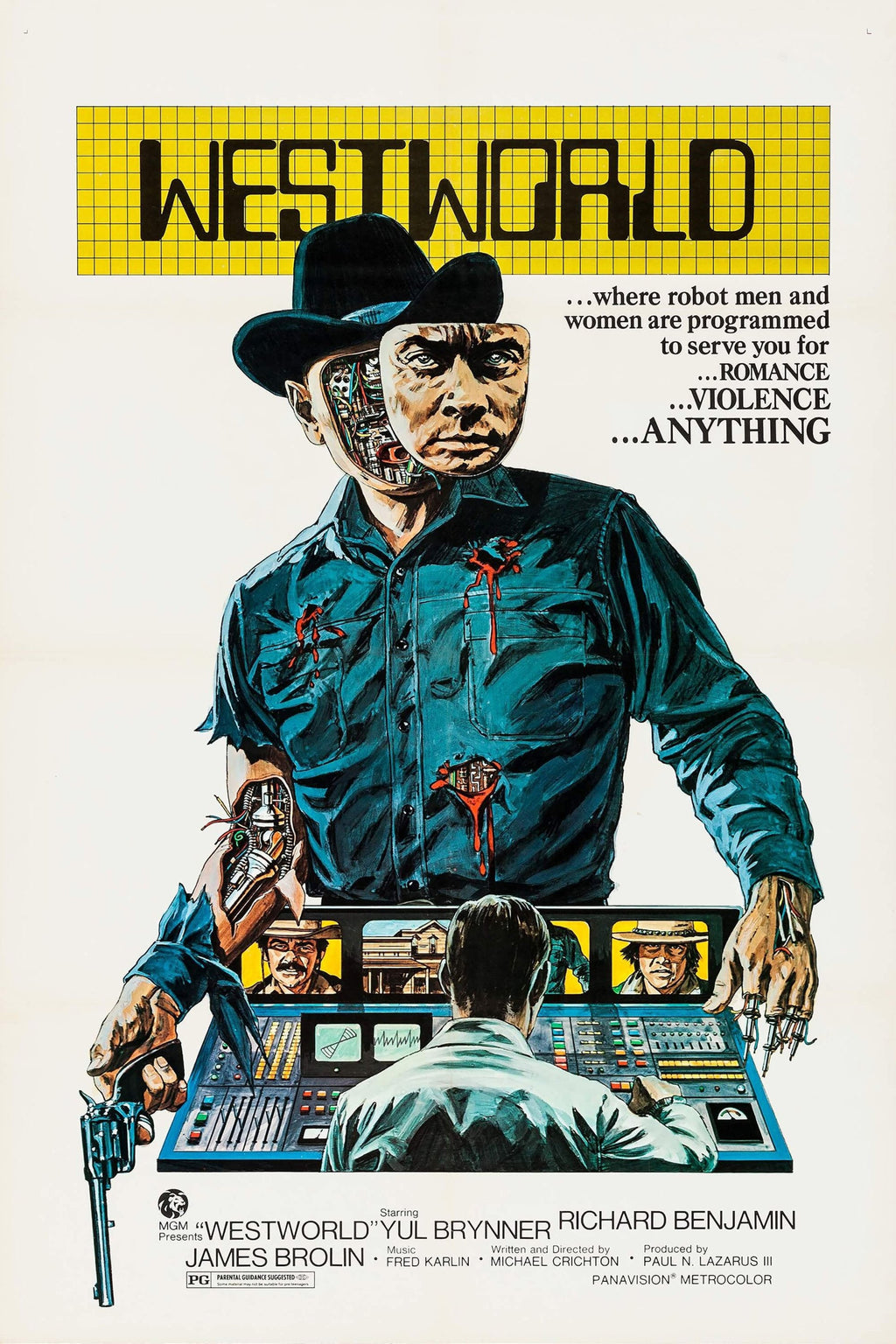 Affiche du film Westworld avec un cowboy androïde partiellement ouvert révélant des circuits, style vintage illustré, avec Yul Brynner dans un univers western futuriste.