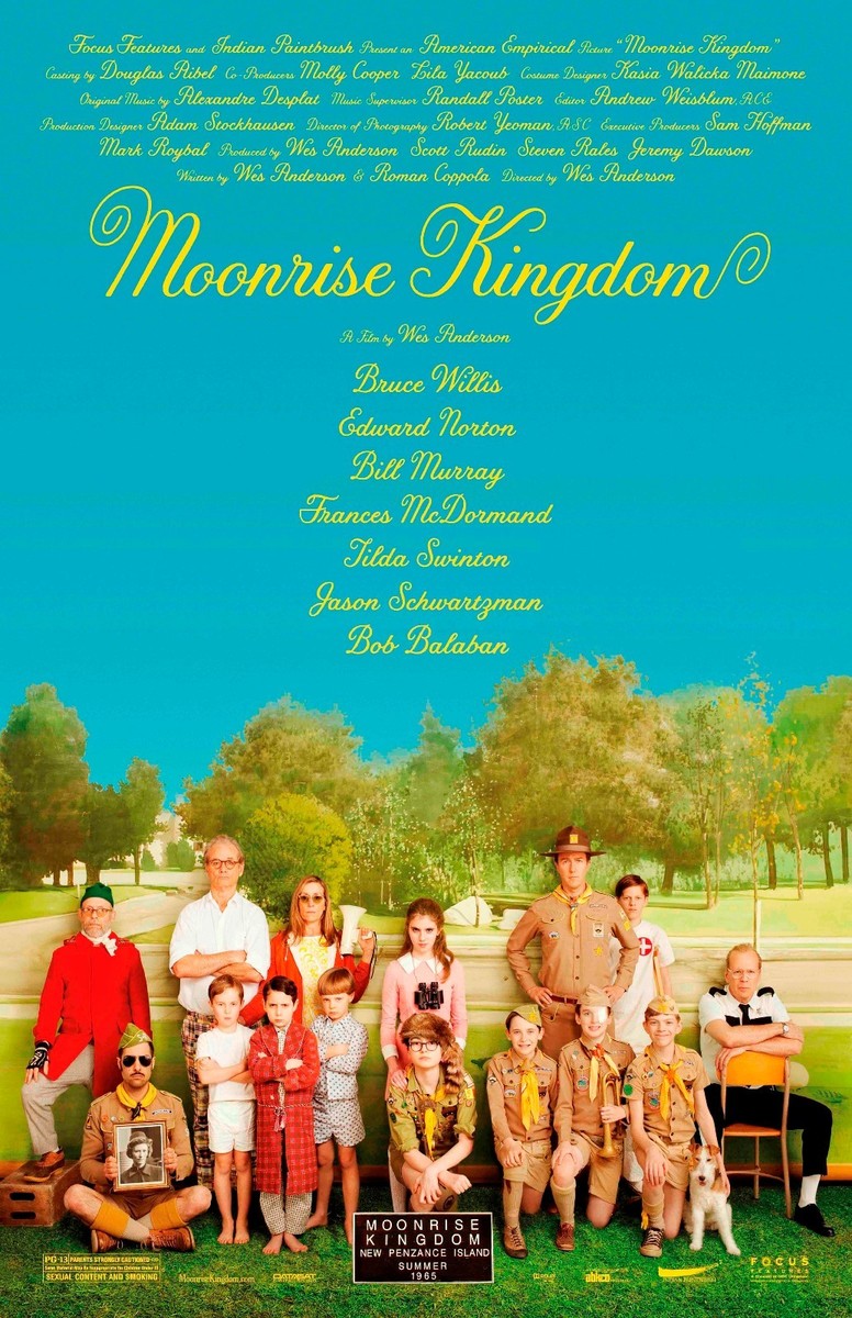 affiche Moonrise Kingdom style vintage pastel avec groupe de personnages en extérieur ambiance rétro cinéma Wes Anderson illustration