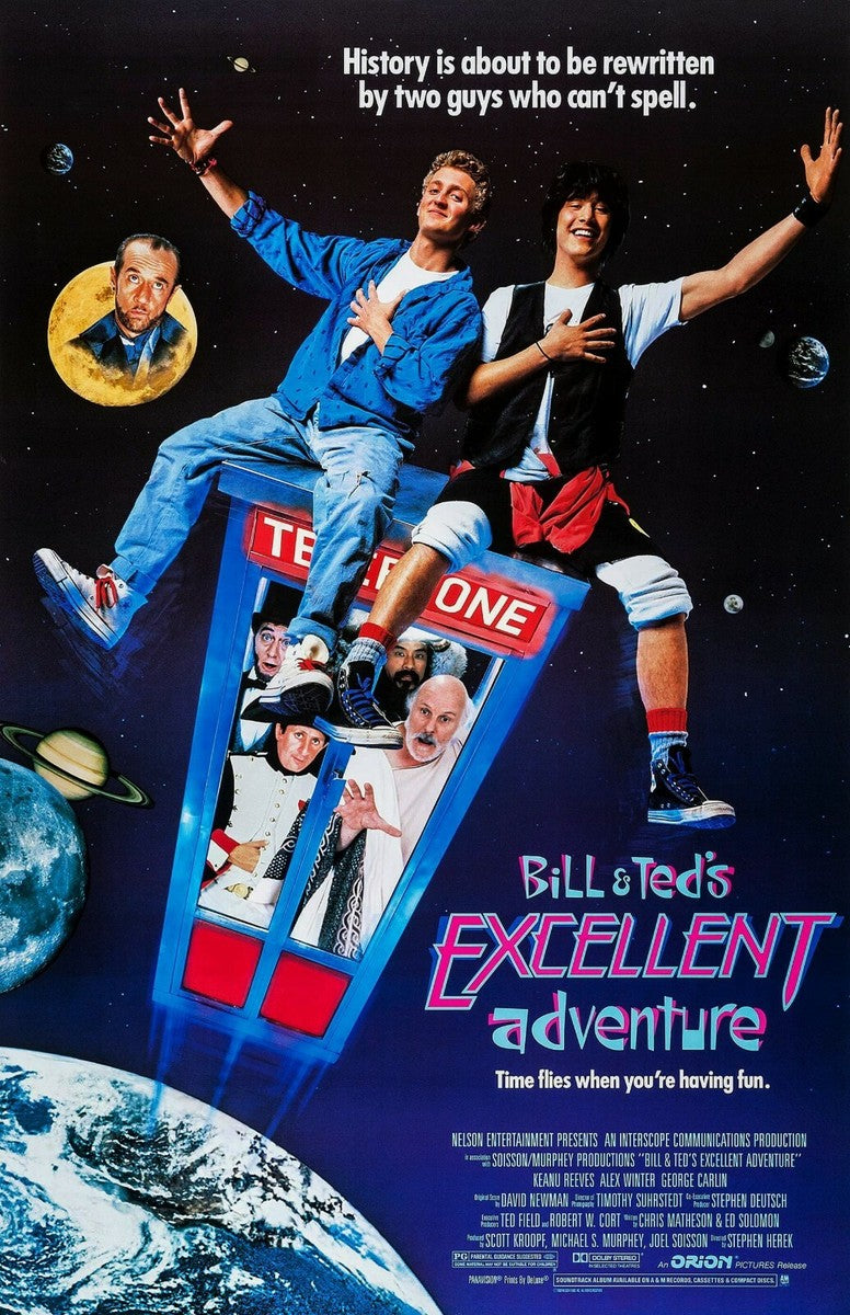 Affiche du film Bill & Ted’s Excellent Adventure avec deux personnages assis sur une cabine téléphonique dans l’espace, ambiance comique et rétro, avec Keanu Reeves.