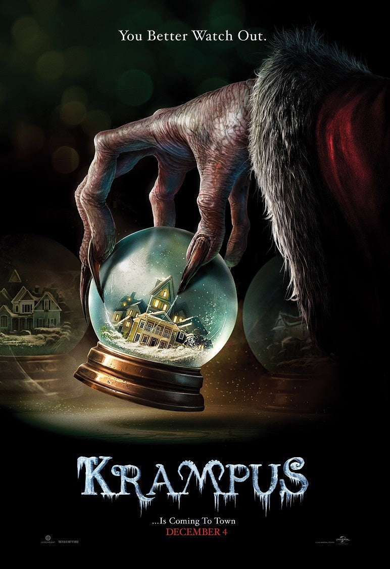 Affiche du film Krampus avec une main monstrueuse tenant une boule à neige contenant une maison, ambiance sombre et inquiétante de Noël, style horreur fantastique.