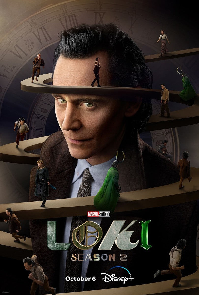 Affiche de Loki Saison 2 avec Loki entouré de différentes versions de lui-même sur une spirale temporelle, avec Tom Hiddleston, ambiance multivers Marvel.