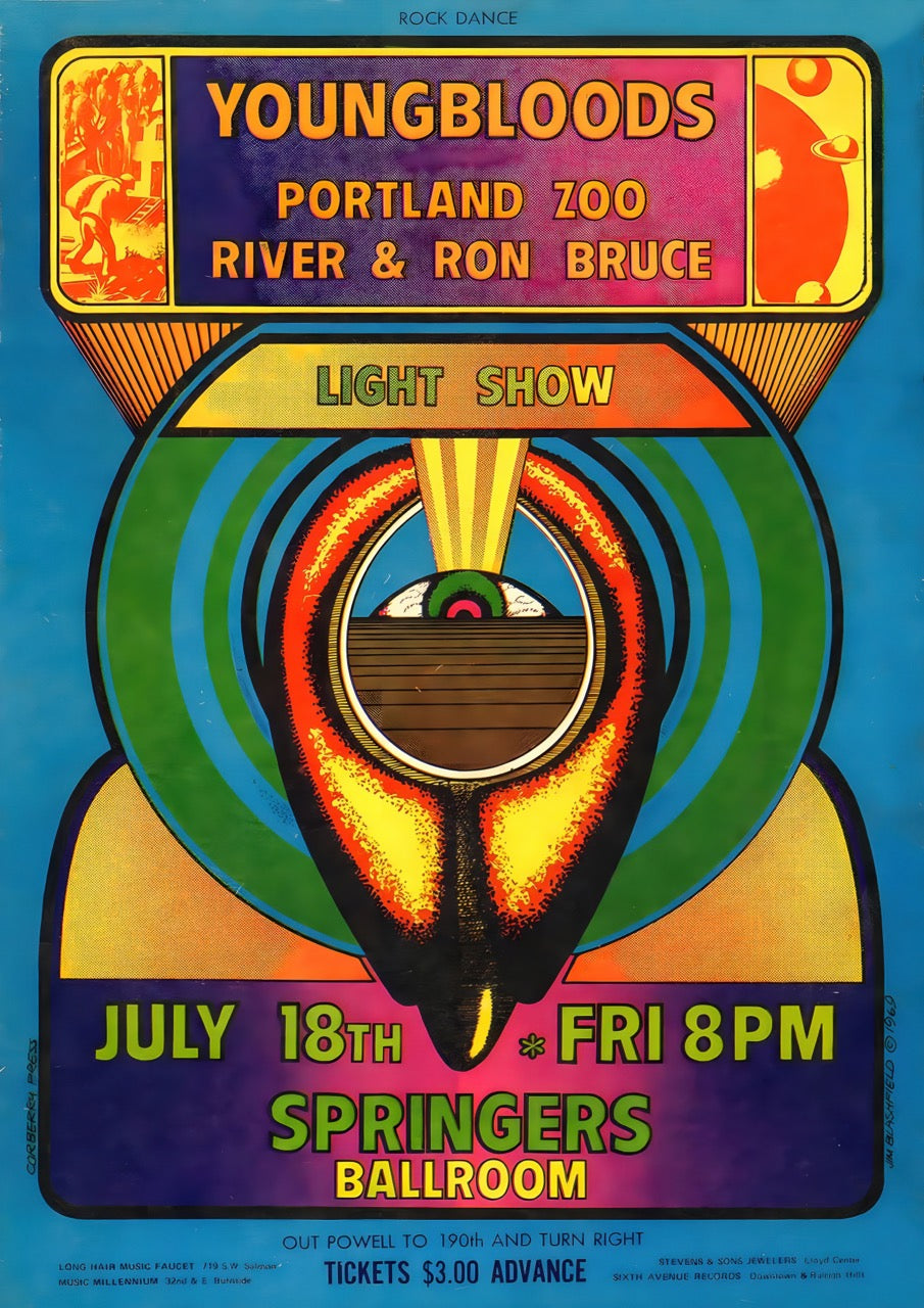 Vintage psychedelic concert poster featuring the Youngbloods with colorful concentric rings and a futuristic central eye design, retro rock wall art printed in high definition with Canon HD inks.
