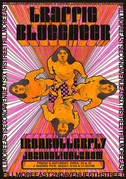 Vintage psychedelic concert poster featuring Traffic and Blue Cheer at Fillmore East with orange figures and hypnotic pink radial lines, retro rock wall art printed in high definition with Canon HD inks.