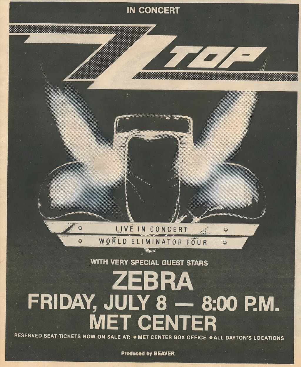 Vintage ZZ Top World Eliminator Tour concert poster with classic car headlights design and monochrome style, retro blues rock wall art printed in high definition with Canon HD inks.