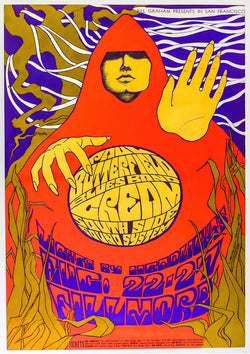 Vintage psychedelic concert poster for Paul Butterfield Blues Band at Ace of Cups featuring hooded figure and vibrant red yellow purple design, retro rock wall art printed in high definition with Canon HD inks.