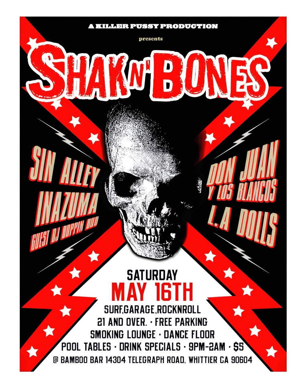 SHAK N BONES – SURF GARAGE ROCK – AFFICHE CONCERT ROCKABILLY VINTAGE