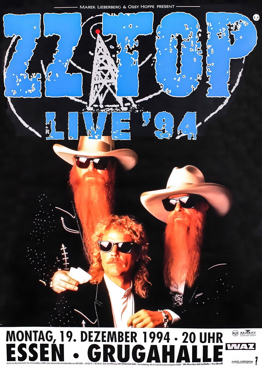 ZZ Top Live 1994 concert poster featuring the band with long beards, sunglasses and cowboy hats, classic blues rock wall art printed in high definition with Canon HD inks.